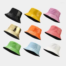 Berets Unisex PU Leather Bucket Hat For Women And Men Waterproof Fishing Caps Solid Colour Simple Fashion Panama