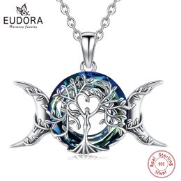 Necklaces Eudora Sterling Sier Tree of Life Necklace Fine Triple Moon Goddess Pendant Austrian Crystal Jewellery Party Gift for Women