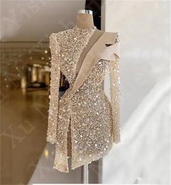 Champagne Short Prom Formal Dress High Neck Long Sleeves Sparkly Sequin Evening Party Gowns Spring Luxury Robe De Soiree Vestidos