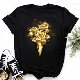 Mens t Shirts Maycaur Fashion Gold Rose Print Women Shirt Harajuku Short Sleeves Tshirts Casual O-neck Top Tee Black T-shirt