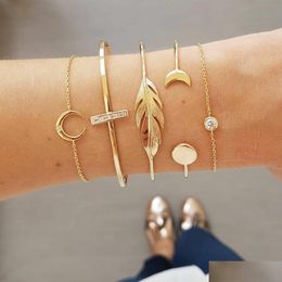 Bangle 4Pcs/Set Feather Stars Moon Olive Branch Crystal Open Cuff Bracelet For Women Girl Gold Plating Adjustable Wire Bang Dhgarden Dhnp1