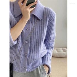 Women's Knits Simple Solid Soft Texture Knitted Cardigan 2024 Autumn Winter Striped Turndown Collar Casual Commuter Sweater Coat