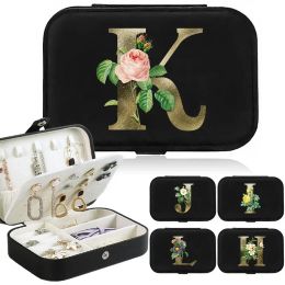 Rings Earrings Storage Bag Jewellery Box Ring Holder Desktop Drawer Necklace Holder PU Leather Jewel Shiny Golden Letters and Flowers