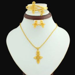 Necklaces Ethiopian Jewellery Cross Pendant Necklace Chain/Earrings/Bangle/Ring Set 24k Gold Colour African Women Wedding