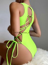 Women's Swimwear Neon Green 2024 Women Solid Hollow Out Cross Back Sexy Adjustable One Piece Swimsuit Bathing Suit Bodysuit MonokiniH24222