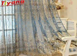Blue Luxury Embroidery Tulle for Living Room Cheap Curtain Window Drapes for Bedroom Discount Yellow Thin Curtain Voile 40 LJ20123539646