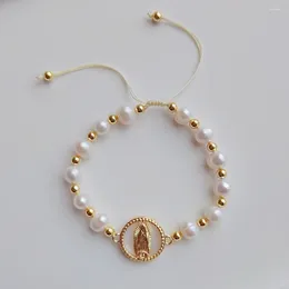 Strand Natural Freshwater Pearl Virgin Mary Charm Bracelet Adjustable Rope Pulseras Christian Jewelry Supplier