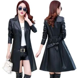 Jackets Top Compound lambskin leather jacket lady Free wash PU women clothing trench Long faux fur coat streetwear casaca para mujer