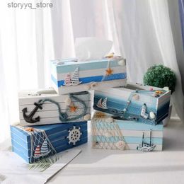 Tissue Boxes Napkins Mediterranean Style Tissue Box Paper Extraction Box Wooden Blue and White Decorative Paper Towel Storage Box Creative Decor Q240222