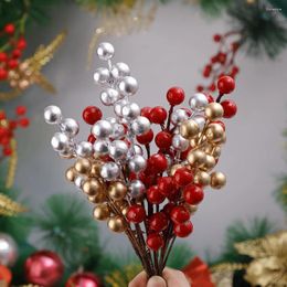 Decorative Flowers 20/1Pcs Artificial Holly Berry Branches 7 Heads Fake Red Gold Berries Flower Bouquet DIY Xmas Tree Year Party Decors