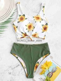 Women's Swimwear Sunflower Print Bikini Set 2023 Push Up Crop Top Reversible Women Front Tie Bathing Suit High Waist Swimsuit BikinisH24222