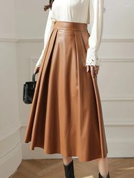 Skirts 2024 Vintage Pu-Leather Women's Autumn Fashion High Waist Pleated Skirt Elegant Office Lady Loose Mid-Length