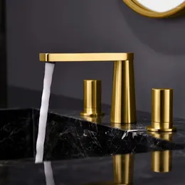 Bathroom Sink Faucets Luxury Brushed Gold Brass Faucet High Quality Copper Cold Water Basin Mixer Tap 3 Hole 2 Handles Bath