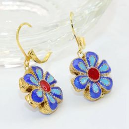 Dangle Earrings Fashion Special Design 17mm Gold-color Carved Flower Cloisonne Drop For Women Party Gifts Jewellery B2646