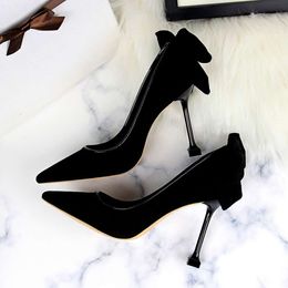 Women Veet Pointed Toe Thin Pumps Ankle Butterfly-knot 9cm High Heel Elegant Banquet Dress Shoes Lady Casual 5cm Heeled