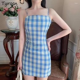 Casual Dresses Bodycon Women Above Knee Plaid Elegant Lady Retro Korean Style Straps Sexy Femme Sleeveless Slender Classic Sweet Mujer