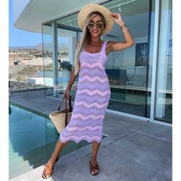 Basic Casual Dresses 2023 Crochet Tunic Bikini Cover Sexy Hollow Mesh Knitted Dress Summer Womens Clothing Looking Through Beach Clothing J240222