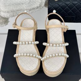 Channel Heel Chanelity Pearl CHANEI Decorate Wedges High Top-quality Shoes Women Sandals Buckle Strap Branded Height Increase Sandales Female Pumps