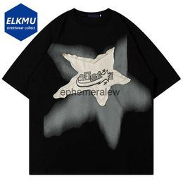 Men's T-Shirts Men Oversized T Shirt Star Splicing Harajuku Streetwear Tshirts Man 2023 Fashion Casual Loose Cotton Hip Hop Y2K T-shirt TopsH24222