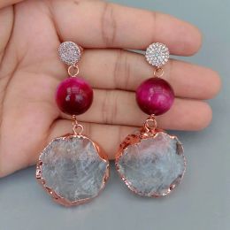 Earrings KKGEM 14mm Round Fuchsia Tiger Eye 26mm Clear Quartz Rough Raw Coin Shape Dangle cz pave Rose gold plated wrap Stud Earrings