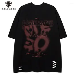 Men's T Shirts Aolamegs Men Ripped Vintage Letter Graffiti Short Sleeve Shirt Harajuku Hip Hop Loose Casual Tees Tops Black Apricot