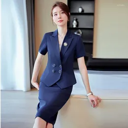 Two Piece Dress Spring Fall Fashion Blue Blazer Women Skirt Suits Jacket Ladies Work Wear Set Office Uniform Styles Knee Length