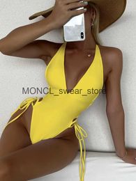 Women's Swimwear Sexy Deep V Neck One Piece Swimsuit Women Solid Yellow White Hollow Out Pleate Beach Bandage Bathing Suit Monokini 2023H24222