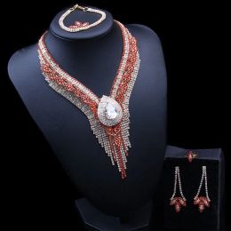 Back Red Water Drop Long Necklace Earring Jewelry Set Cubic Zirconia Crystal Prom Female Girl Ceremony Dress Banquet Gift Accessories