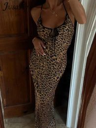 Basic Casual Dresses JusaHy Womens New Y2K Elegant Leopard Print Maxi Dress Backless Tight Italian Spaghetti Shoulder Strap Lace Slim Fit Vintage Robe Dr J240222