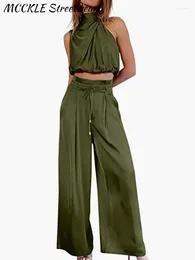 Women's Two Piece Pants Elegant Women Sets 2024 Summer Silk Satin Pleated Sleeveless Top Wide Leg Suits Casual Solid Female Pant Suit