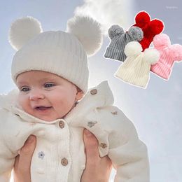 Hair Accessories Cute Double Pompom Baby Hat Winter Warm Infant Beanie Cap For Boys Girls Solid Color Toddler Kids Knitted Warmer Bonnet