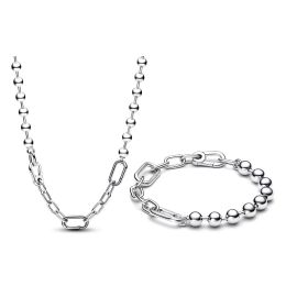 Strands NEW 925 Sterling Silver pan ME Metal Bead & Link Chain Necklace Bracelet Fit Women Jewelry Set