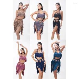 Stage Wear Latin Dance COstume Set Women Sexy Tassel Tops Skirt Practise Performance Dancewear Adult Cha Rumba Dress DNV19112