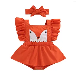 Rompers 2Pcs Baby Girls Summer Outfit Fox Print Square-Neck Flying-Sleeve Romper Dress Hairband For Toddler 0-18 Months