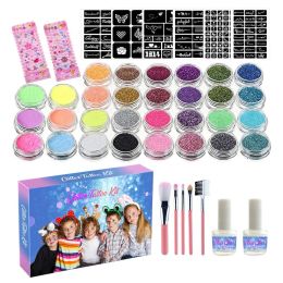 Dresses Glitter Tattoo Set Temporary Stencils Tattoos Set for Kids Body Face Diamond Tattoo Kit 30 Colors Stage Party Art Paint Makeup