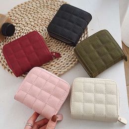 Women Fashion Small Zipper Wallet with Coin Purse PU Leather Plaid Purses Ladies Cute Mini Korean Version Small Card Pack New In