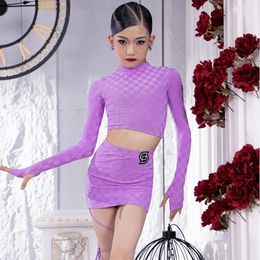 Stage Wear Purple Latin Top Skirt Girls Dance Performance Costume Children Ballroom Competition Clothes DWY9583