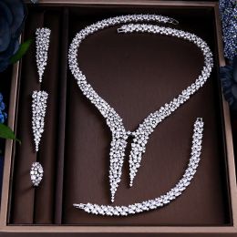 Necklaces JaneKelly Luxury Sparking Brilliant Cubic Zircon Drop Earring Necklace Heavy Dinner Jewelry Sst Wedding Bridal jewelry sets