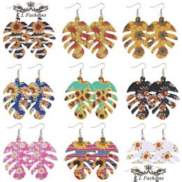 Dangle & Chandelier Unique Design Sunflower Printed Pu Leather Earring For Women Girls Fashion Fish Bones Dangle Drop Earrings Waterd Dhk7B