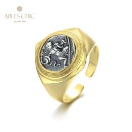 Rings Greek Hercules Silver Coin 18K Gold Two Tone Solid 925 Silver Roman Coins Open Vintage Ring R1040