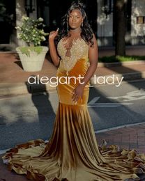 Gold Velvet Sparkly African Evening Reception Dresses for Women Crystal Applique Long Prom Birthday Gown vestidos de gala