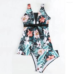 Women's Swimwear Knot Front Tummy Control Skirted High Strech Tankini Set Backless Floral Print Vacay Swimsuit 2 Piece Bathing Suit