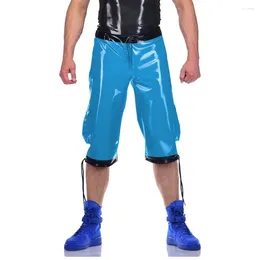 Men's Pants Wetlook PVC Leather Straight Shorts Drawing Lace-up Clothing Trousers Track Party Clubwear High Street Casual