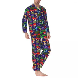 Men's Sleepwear Mushroom Foray Pajama Sets Autumn Colorful Mushrooms Trendy Sleep Men Two Piece Vintage Oversize Design Nightwear