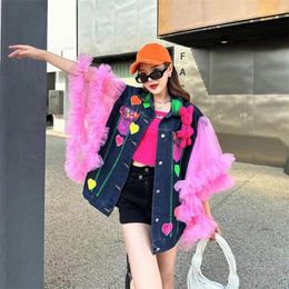 Women's Jackets Mesh Spliced Denim Coat Spring Summer Petal Sleeve Cardigan Anime Patchwork Outfit Wear Abrigo De Mujer