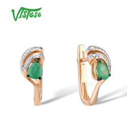 Charm VISTOSO Gold Earrings For Women 14K 585 Rose Gold Pear Emerald Sparkling Diamond Wedding Band Anniversary Elegant Fine Jewelry