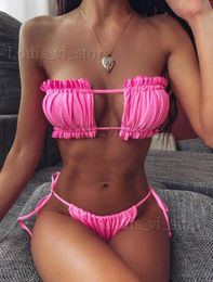 Women's Swimwear 2024 Hot Lace Up Thong Brazilian Beachwear Swimwear Summer Women Biqunis Strapless Bathing Suit Leopard Swimsuit Micro Mini T240222