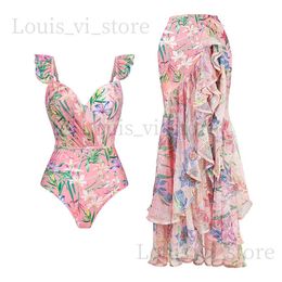 Women's Swimwear 2023 New Floral Printed One Pieces Swimwear +Dresses Backless Beeachwear Ruffle Strap Monokini Push Up Swimsuit Vintage T240222