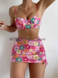 Women's Swimwear Sexy Shell Push Up 3 Piece Bikini Set Women Red Pink Floral Print Ruffles Mesh Skirt Swimsuit Bathing Suit 2024H24222