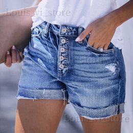 Women's Shorts Summer Burst of Blue Wash Cat Beard Hole Slim Straight Button Womens Jeans Shorts T240222